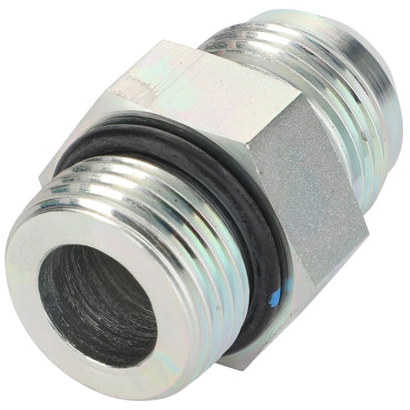 The AGCO | ADAPTER - D46150579 is a silver metal fitting that features dual threaded ends, a central hexagonal nut, and an O-ring nestled between the two threaded sections. No current product description information is available.