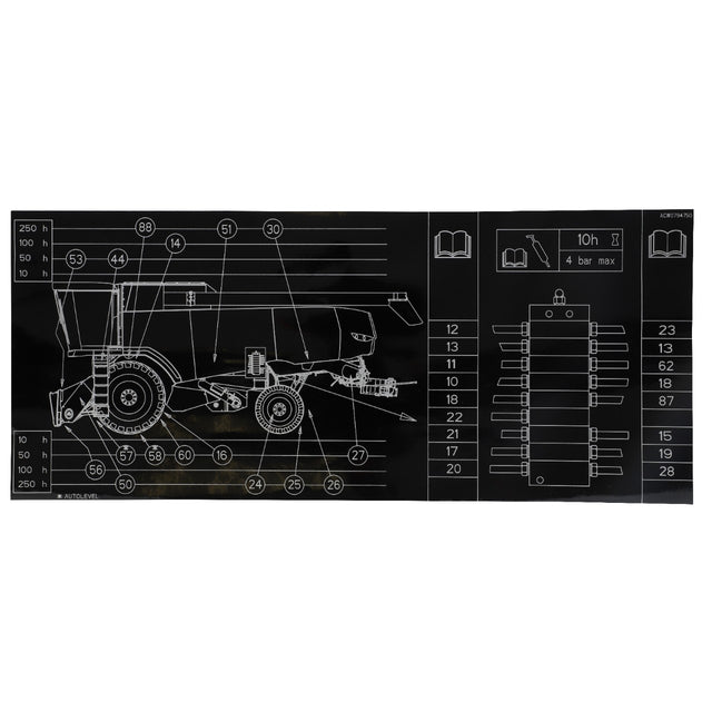 A technical illustration of the AGCO | Decal, Left Hand - Acw0794750 vehicle's side view with numbered parts labeled is provided. On the right, there is a maintenance schedule listing service intervals and part specifications. Currently, no additional product description information is available.