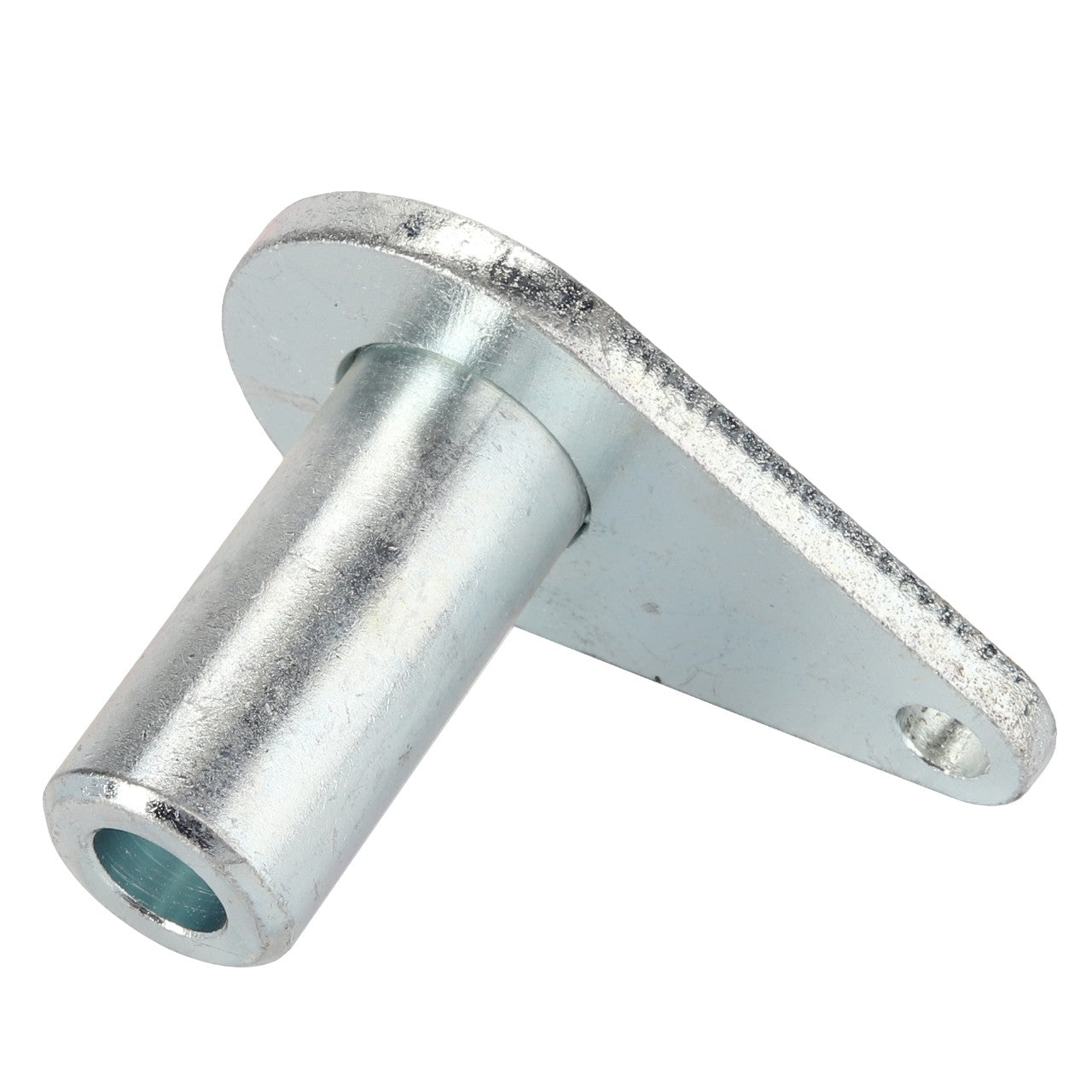 The AGCO | Cylinder Pin - Acw7053300 is a metallic cylindrical component with a flat flange attached at an angle, featuring a hole on each end of the flange. Currently, no product description information is available.