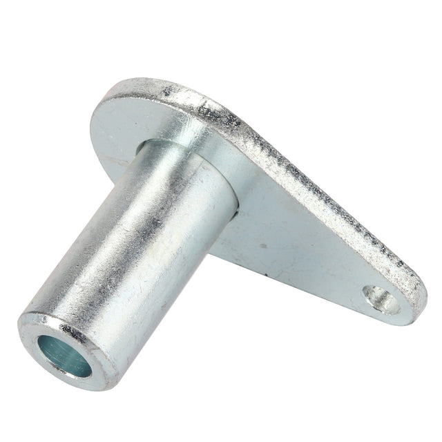 The AGCO | Cylinder Pin - Acw7053300 is a metallic cylindrical component with a flat flange attached at an angle, featuring a hole on each end of the flange. Currently, no product description information is available.