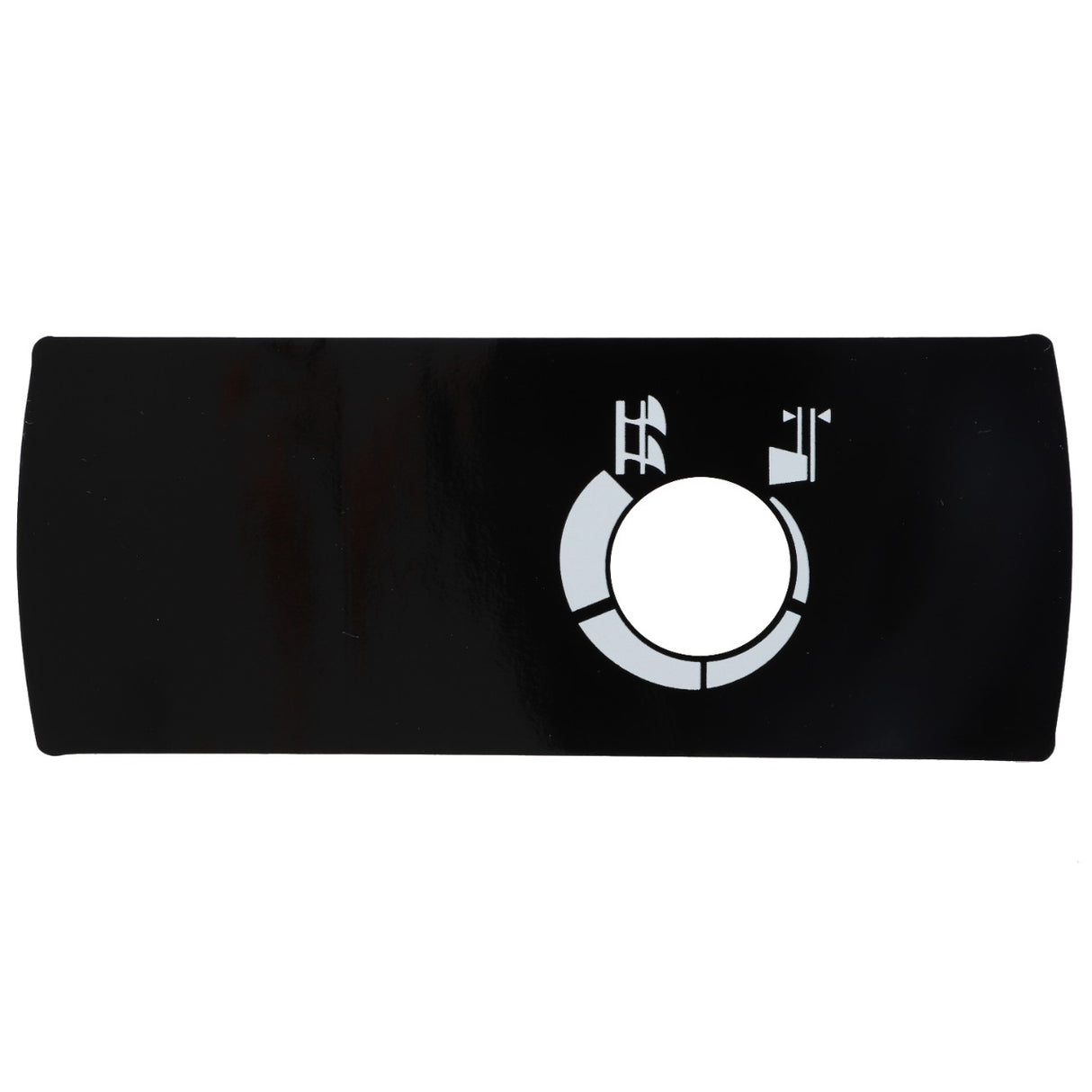 Introducing the AGCO Decal - Acw075642A: A rectangular black panel with a circular white graphic featuring an oil can and thermometer, commonly seen on vehicle dashboards. Made by AGCO, this stylish and practical decal adds a professional touch to your dashboard.