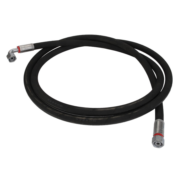 Product Name: AGCO | WARNING DECAL - ACP0538580
Brand Name: AGCO
A coiled black hydraulic hose with metal fittings at both ends, featuring 90-degree angled connectors. Currently, there is no available product description information.