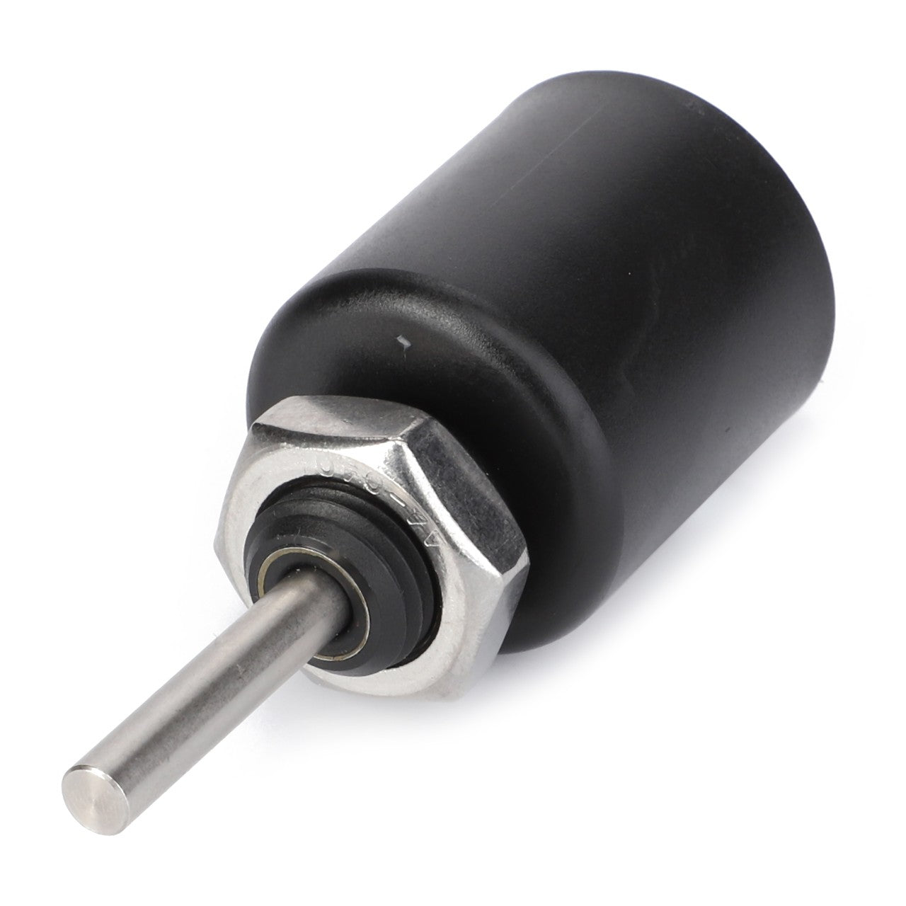 A black cylindrical AGCO hydraulic actuator, featuring a metallic rod and hexagonal nut, designed for heavy machinery and industrial applications, compatible with Massey Ferguson models.