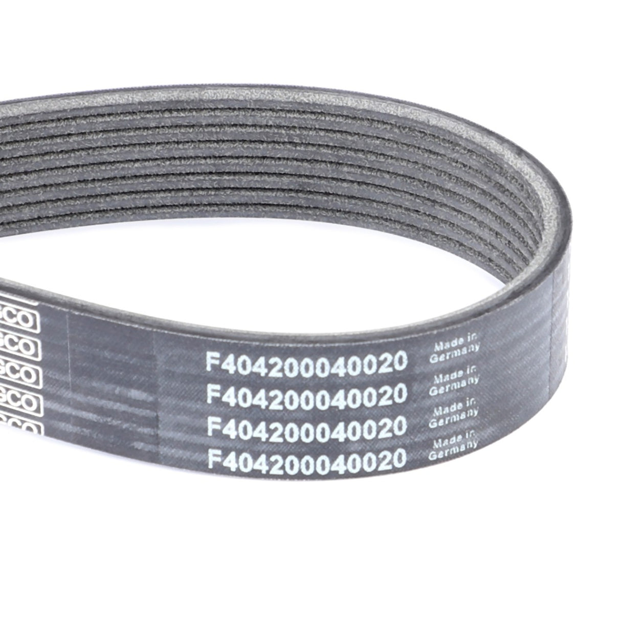 The AGCO Serpentine Belt, Pk8 Profile - F404200040020, is a black ribbed automotive belt with white printed numbers and "Made in Germany" text on the side, designed for optimal performance. It is ideal for use in Fendt models as an AGCO Genuine Serpentine Belt.