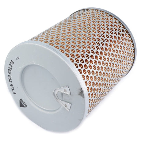 The AGCO Engine Oil Filter Cartridge - F135203092010 features a cylindrical metal build with a perforated outer shell, high-grade seal, and solid end caps to ensure prolonged service life.