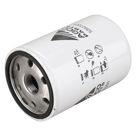 A white cylindrical automotive oil filter with a metal base and several circular holes, the AGCO Engine Oil Filter Spin On - 539272D1 features printed instructions and branding on its surface, ensuring your engine runs smoothly with clean oil.