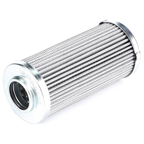 The AGCO Hydraulic Filter Cartridge - VA262825, featuring a cylindrical metal filter with a pleated design and circular end caps, is often used for fluid filtration in machinery or automotive applications and ensures reliable performance and compatibility with Massey Ferguson equipment.