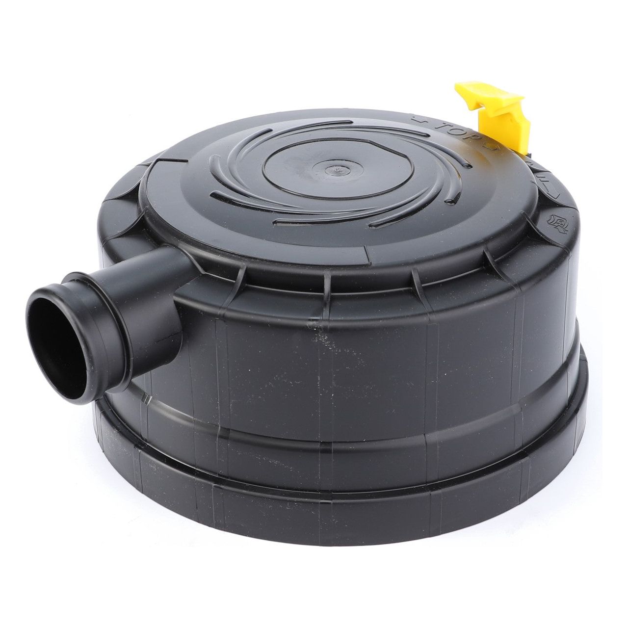 The End Cap - 3907609M1 by AGCO is a round black automotive part featuring a yellow tab, a side outlet, and high-grade steel filters.
