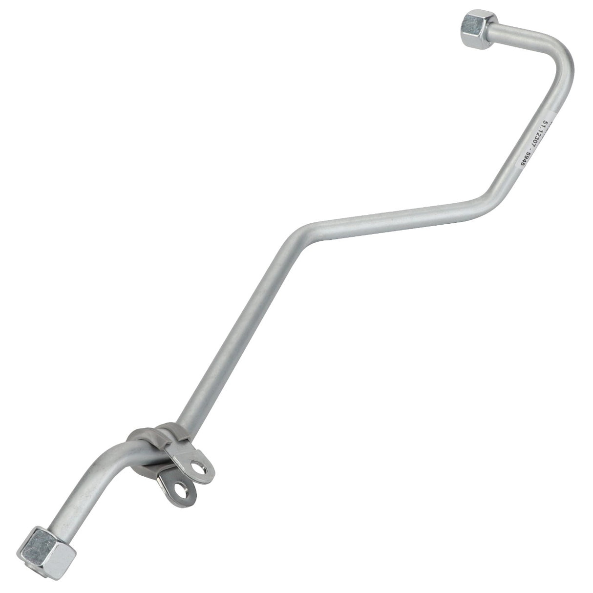 A bent metallic fuel line, branded AGCO | Fuel Line - F530200710330, featuring a hexagonal fitting at each end and an attached central bracket.