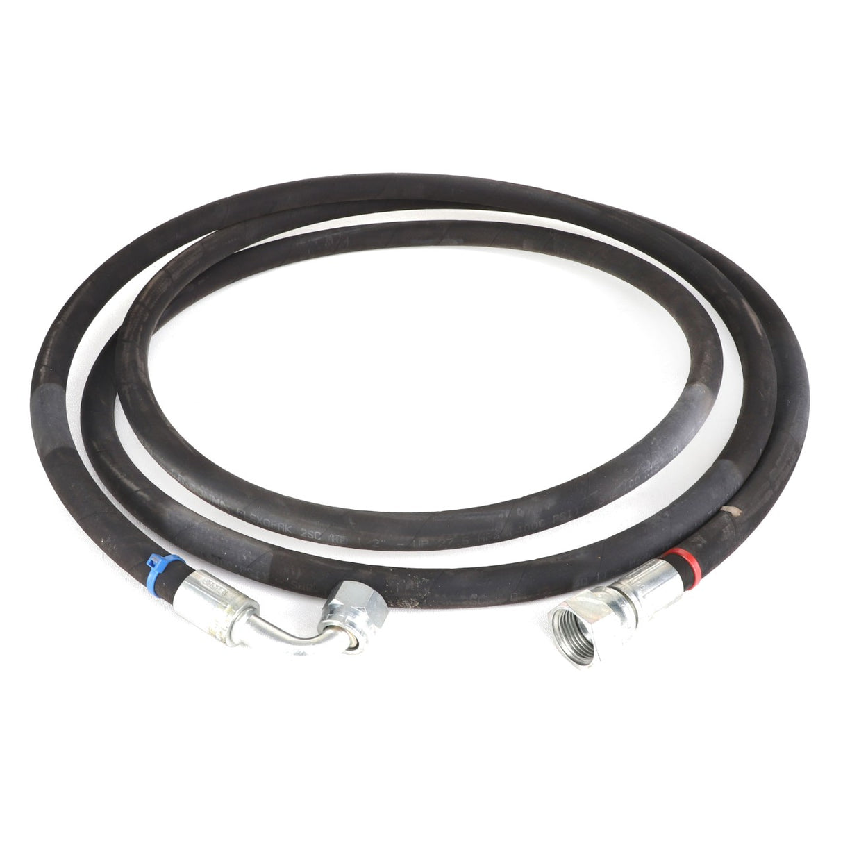 The AGCO | HYDR. HOSE - AL9031577 is a coiled black hydraulic hose equipped with metal connectors at both ends, featuring one straight and one angled connection. Further product description information is currently unavailable.