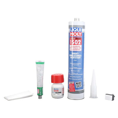 A set of automotive sealant products from AGCO, including the AGCO Adhesive - F816810040010 tube, applicator nozzle, cleaner, primer tube, cloth, and plastic tool. Note: There are no SEO keywords available due to the lack of product description information.