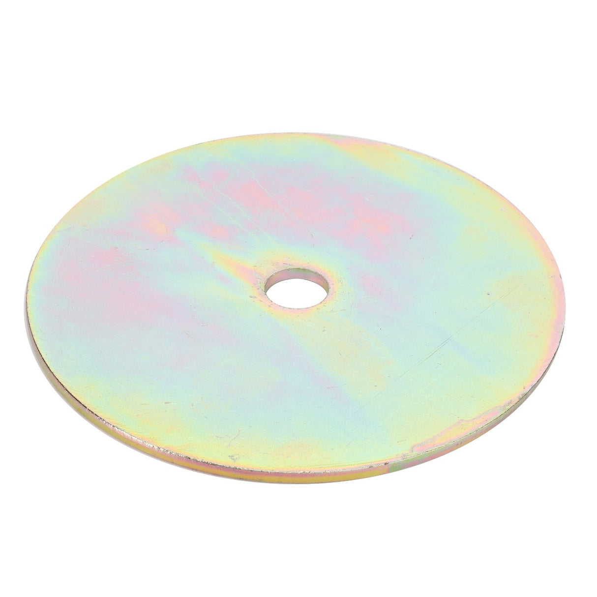 Introducing the AGCO Washer - La300135084: A metallic disc manufactured by AGCO, featuring a central hole and a stunning rainbow-like iridescent surface. For more details, product description is currently unavailable.