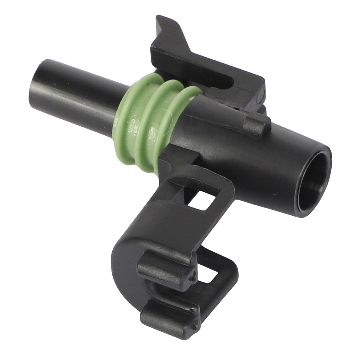Close-up of the AGCO ELECTRICAL CONNECTOR - AG515854, featuring a black plastic air line connector with a green sealing ring and a clip attachment.