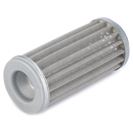 The AGCO Hydraulic Filter Cartridge - 3300901M91 is a cylindrical metal filter with a mesh-like surface and end caps on both sides, ideal for use in Massey Ferguson models.