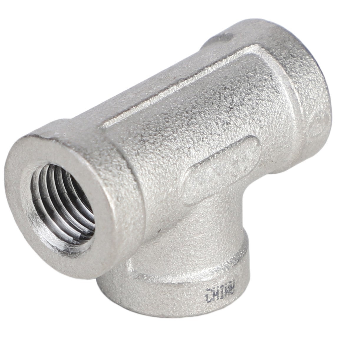 The AGCO | TEE - AG051883 from the brand AGCO is a metallic T-shaped pipe fitting featuring threaded openings on all three ends. Further product description is not available.