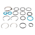 A selection of AGCO metal and rubber rings, seals from the Seals Kit - Acp0023550, and a single metal hose clamp neatly arranged on a white background.