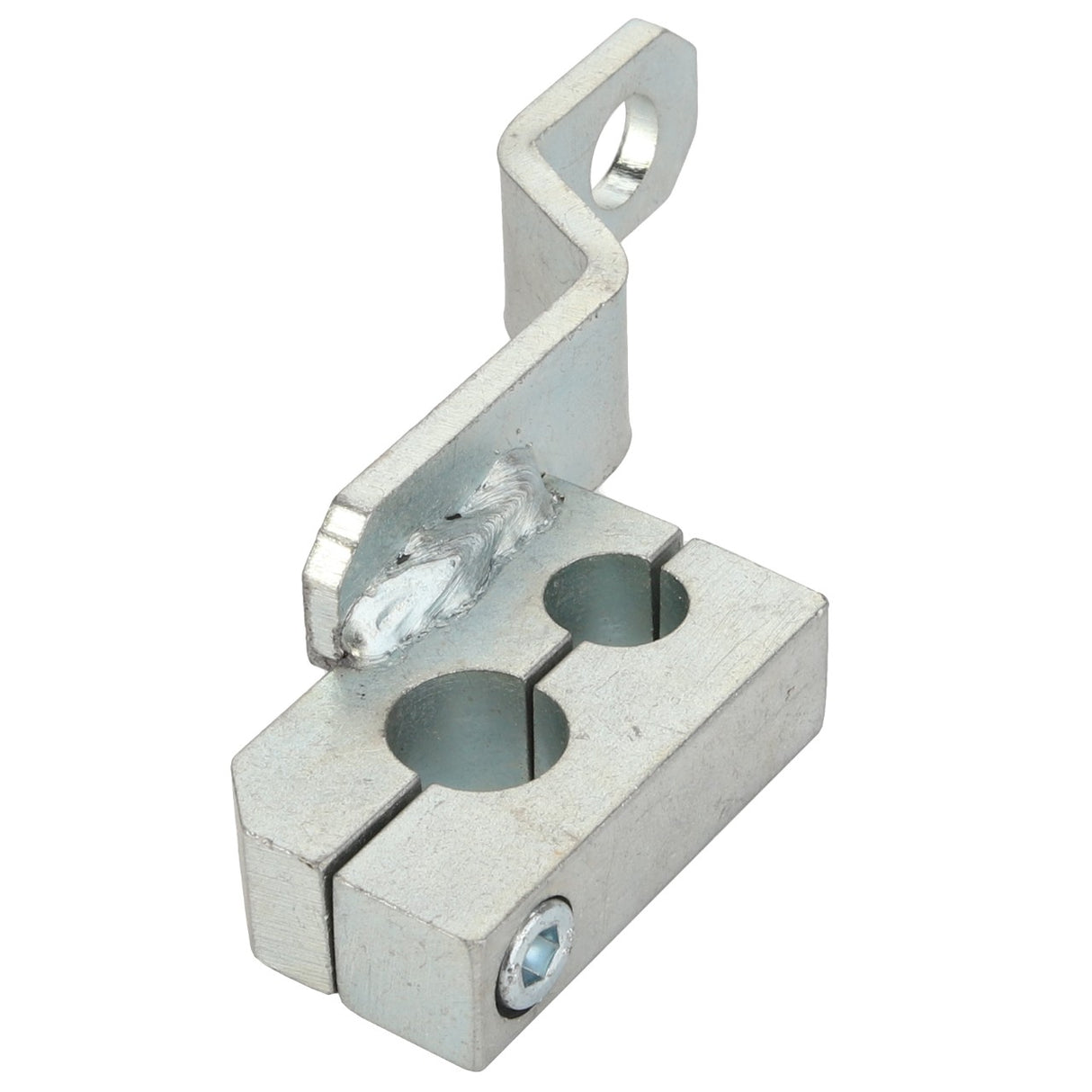 The AGCO Clamp - Acp0343740 features a metallic bracket with two circular holes, an attached angled arm with an integrated loop, and a screw at the bottom for secure fastening.