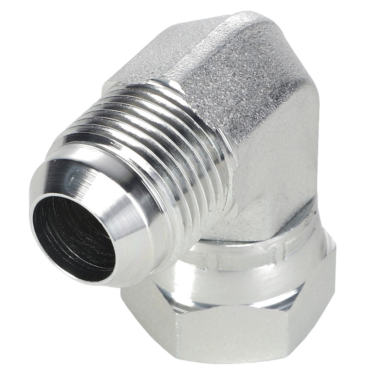 Close-up image of the AGCO ELBOW FITTING - AG717001, featuring a sharp ninety-degree elbow joint and precisely threaded ends.