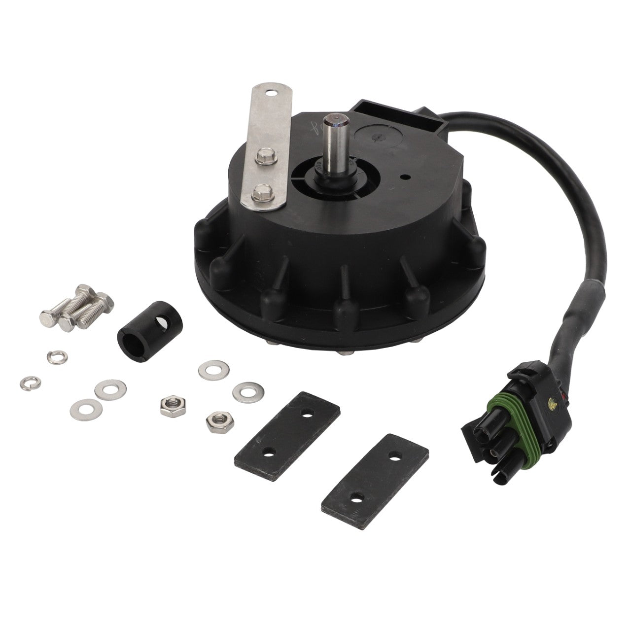 A black mechanical component identified as the AGCO Application Rate Sensor (model Acw3737890), featuring an attached cable and connector, is surrounded by various nuts, bolts, washers, and mounting plates, carefully arranged on a white surface. Unfortunately, no current product description information is available.