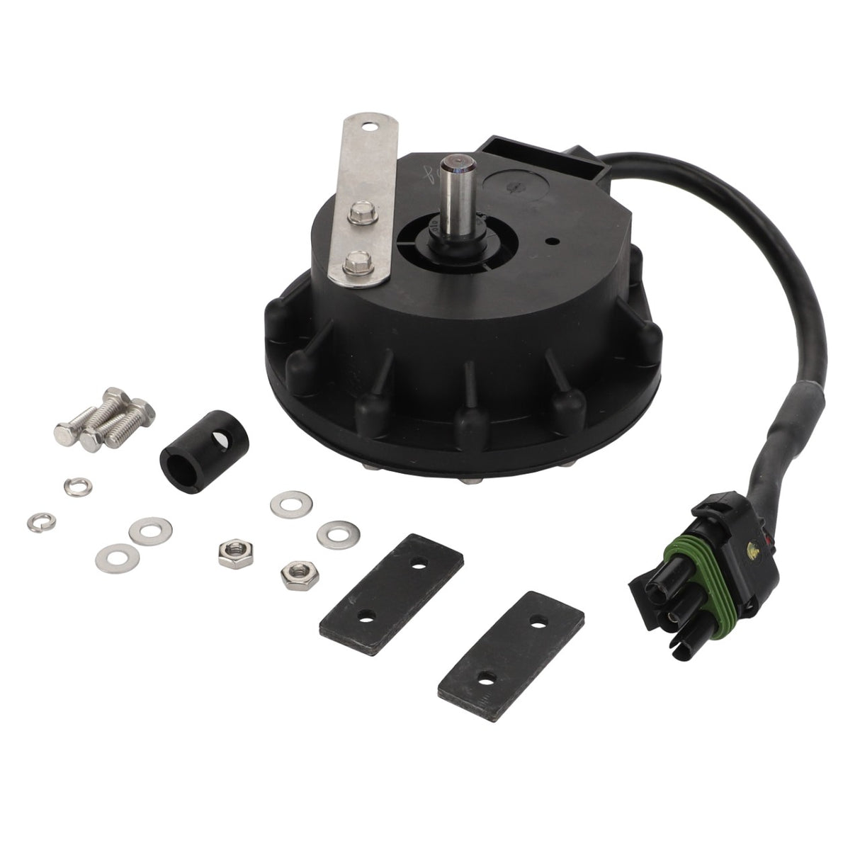 A black mechanical component identified as the AGCO Application Rate Sensor (model Acw3737890), featuring an attached cable and connector, is surrounded by various nuts, bolts, washers, and mounting plates, carefully arranged on a white surface. Unfortunately, no current product description information is available.