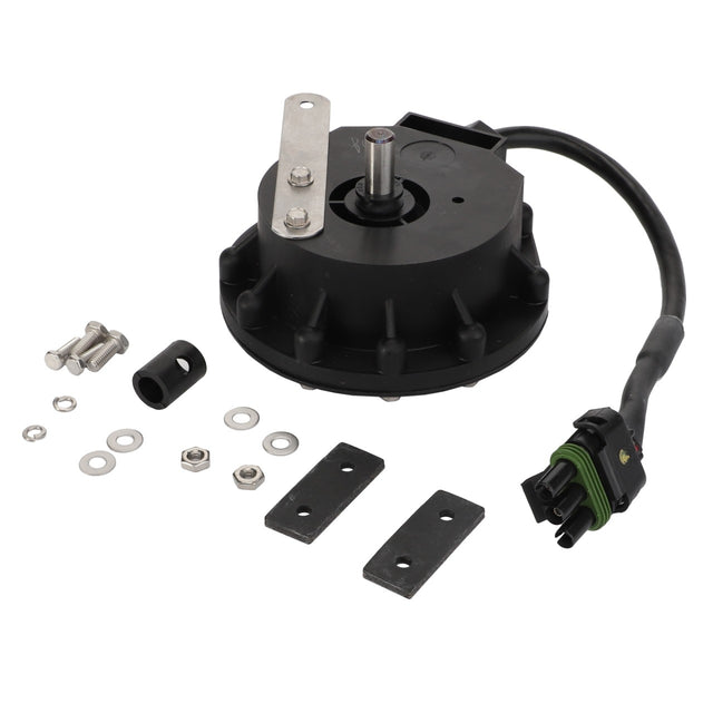 A black mechanical component identified as the AGCO Application Rate Sensor (model Acw3737890), featuring an attached cable and connector, is surrounded by various nuts, bolts, washers, and mounting plates, carefully arranged on a white surface. Unfortunately, no current product description information is available.
