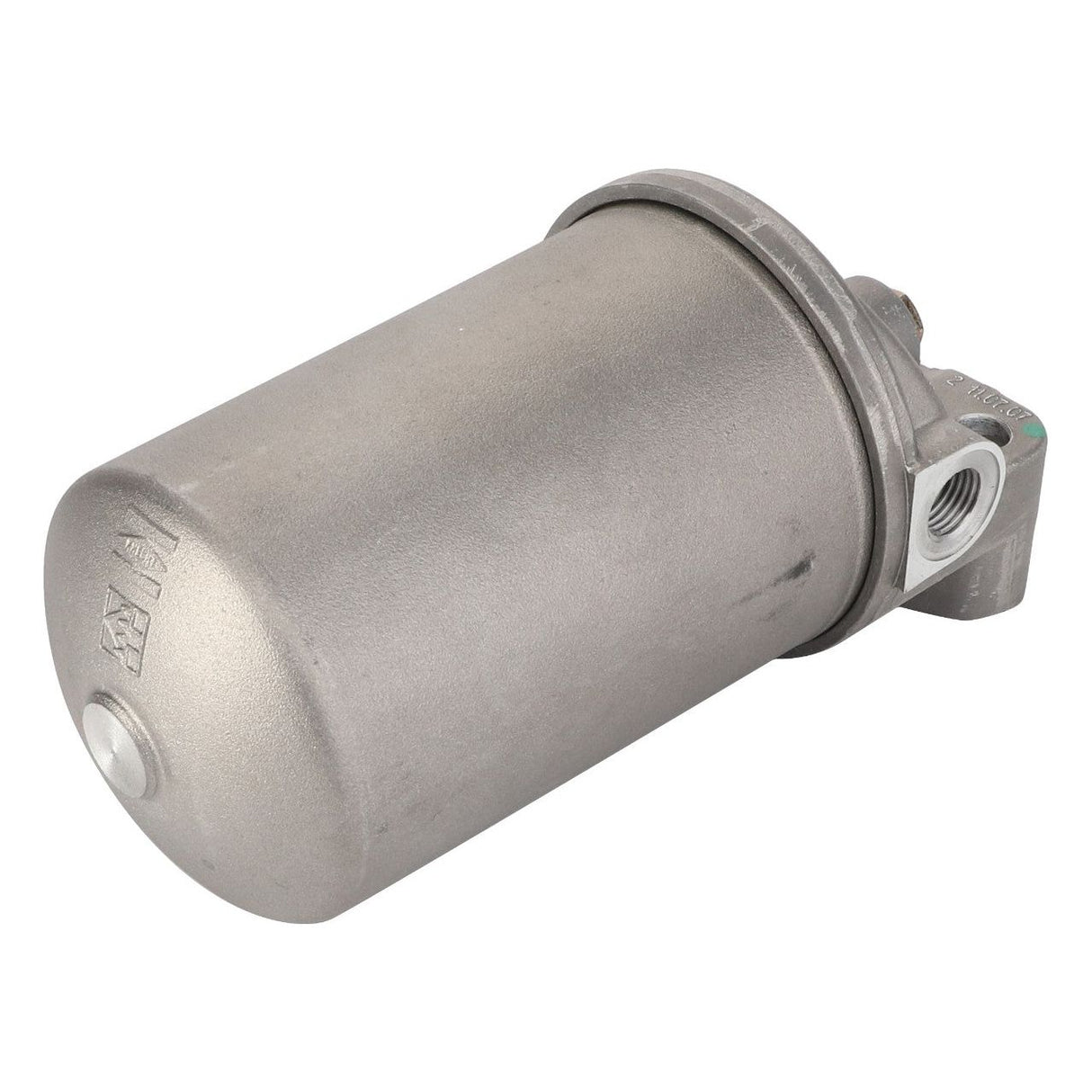 The AGCO Fuel Filter - F281200060031 is a metallic, cylindrical filter equipped with an attached mounting bracket and threading for connections, designed to meet the robust standards of Valtra and Massey Ferguson machinery.