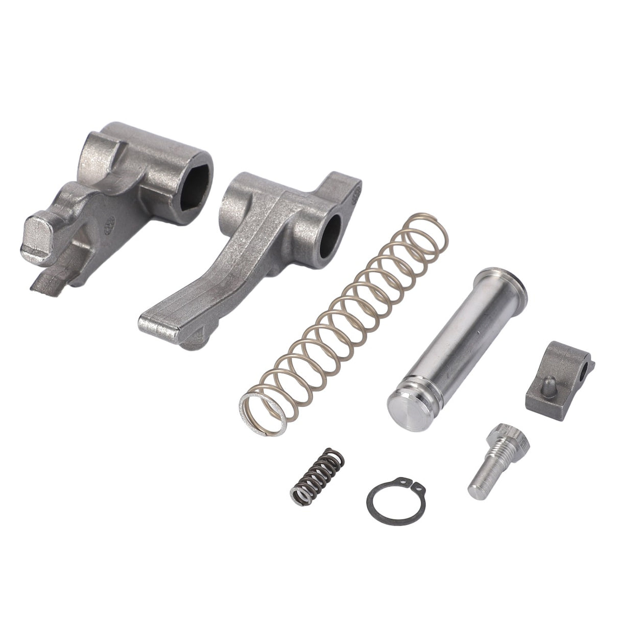 The AGCO Latch, Automatic Clevis - F416500070070, along with assorted springs, pins, hitch components, and various other metal parts are disassembled and arranged on a white background.