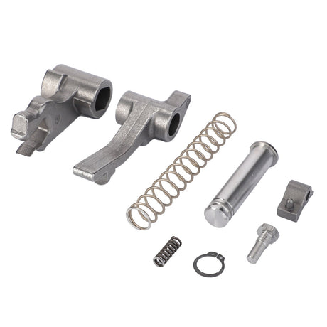The AGCO Latch, Automatic Clevis - F416500070070, along with assorted springs, pins, hitch components, and various other metal parts are disassembled and arranged on a white background.