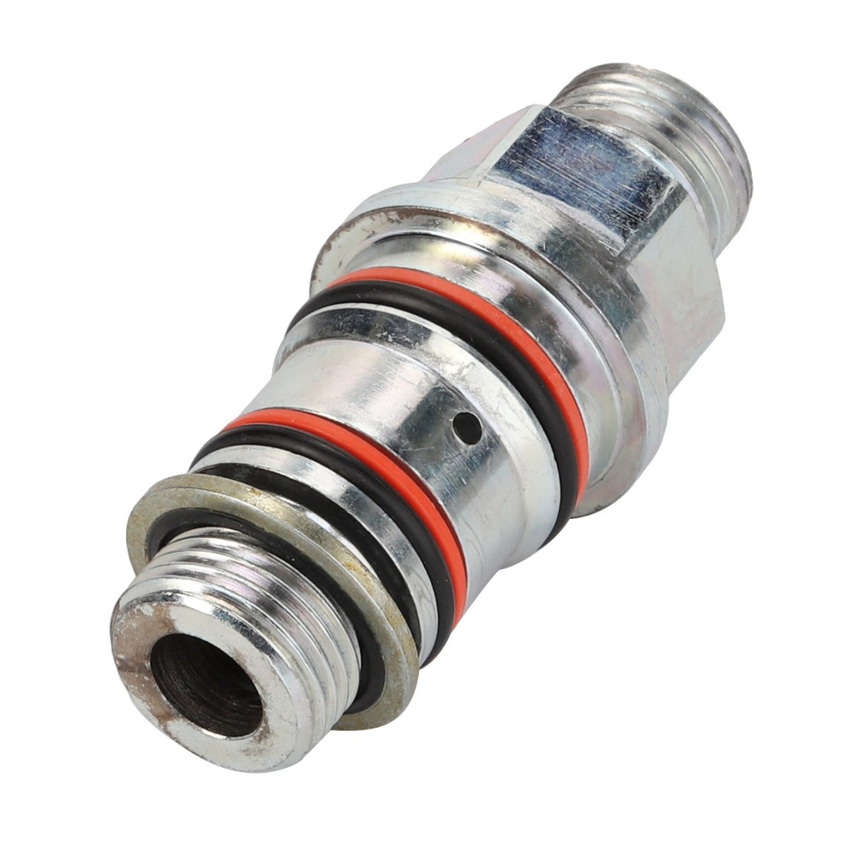 Close-up of the AGCO | ADAPTER - AL60104390, a metal hydraulic fitting featuring multiple O-rings and threaded ends, expertly designed by AGCO for sealing and connecting fluid transfer systems.