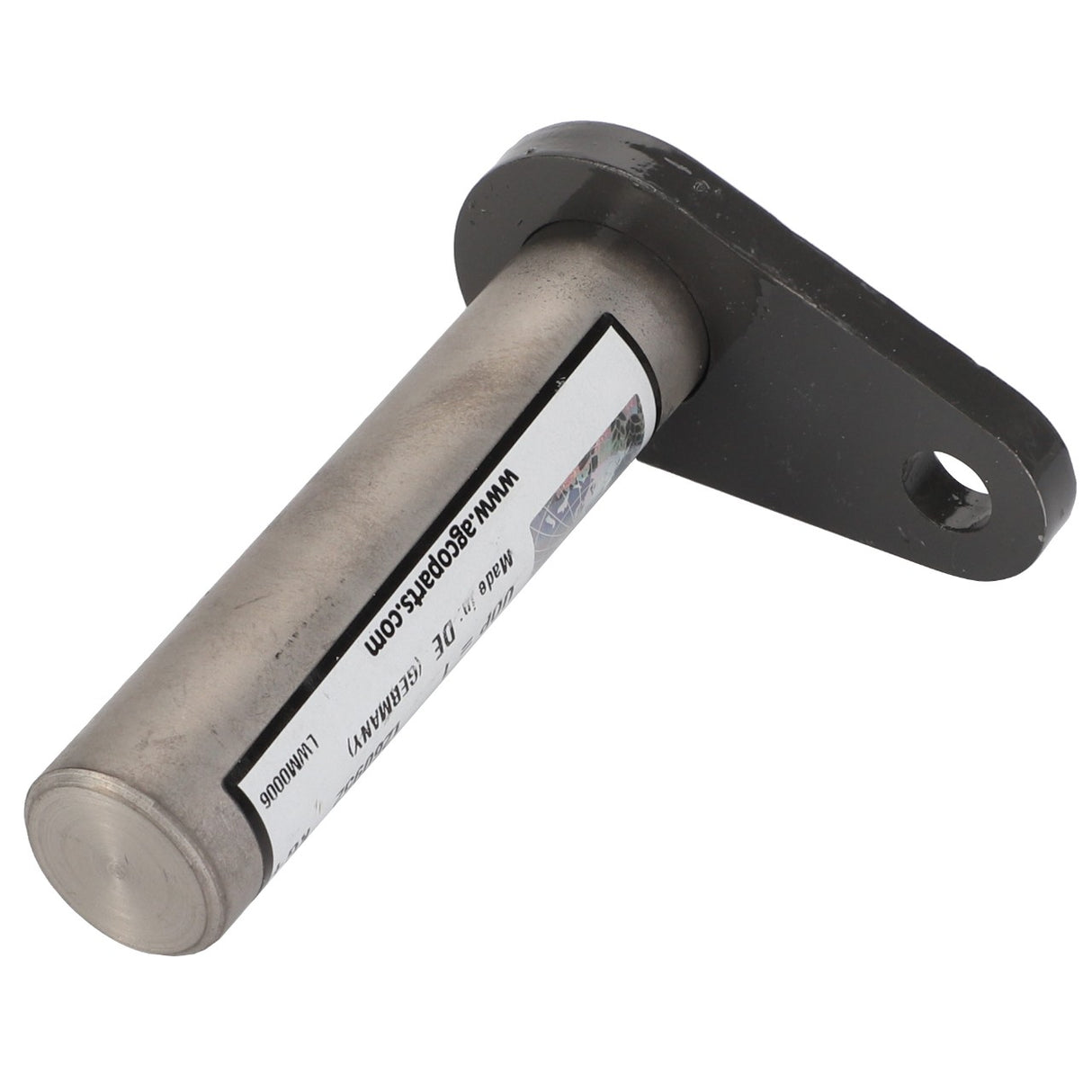 The AGCO | Axle - Fel15238109 is a metal cylindrical pin featuring a flat mounting flange, a hole for fastening, and a printed label on the side. No current product description available.