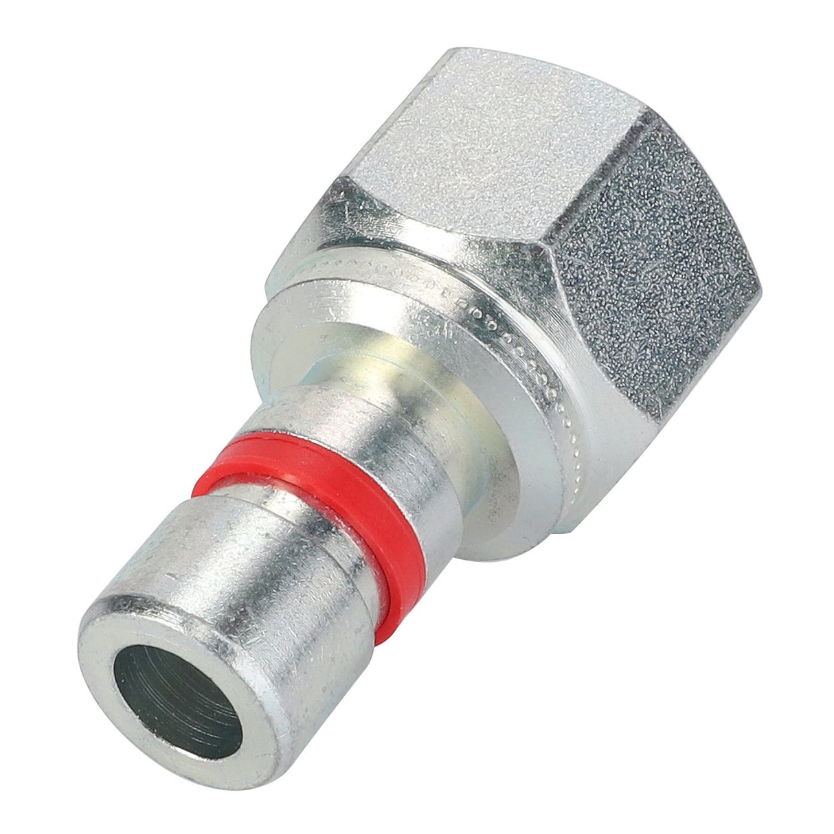 A close-up of the AGCO PLUG - AL11120600 hydraulic fitting, showcasing a hexagonal nut and cylindrical connector, complete with a red O-ring seal. No current product description is available for this specific component.