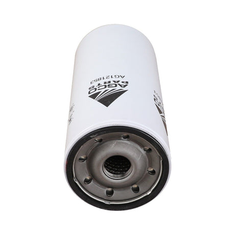 A cylindrical white automotive oil filter with a metal opening, branded "AGCO" and clearly showing the part number "AG121853." This Engine Oil Filter Spin On extends component life by preventing wear and corrosion.