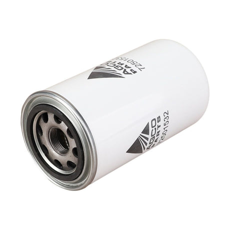 A white cylindrical automotive oil filter, compatible with Massey Ferguson models, featuring gray metal ends and printed brand and model information as "Oil Filter - 72501532" by AGCO.