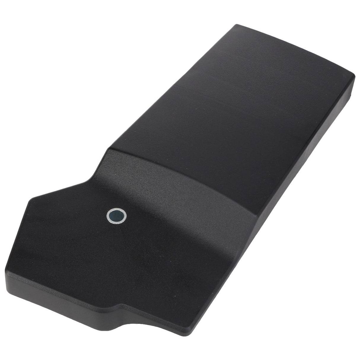 The AGCO Loader Hose Protective Cover - AL5215064, a black, rectangular plastic beam featuring a tapered, wider section and a small circular hole near the edge, serves as an RH protective cover for hoses.