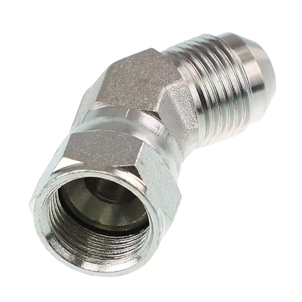 A detailed image of the AGCO Elbow Fitting - AG561341, featuring a metallic, threaded pipe fitting with an angled, hexagonal section and two differing thread sizes on each end.