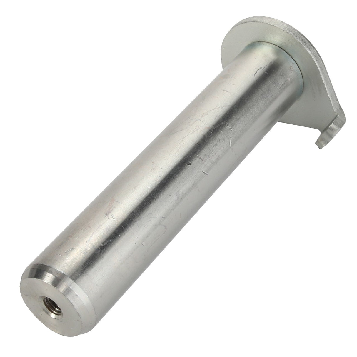 The AGCO PIN - AL9020063 is a cylindrical metal rod with a flat, perpendicular base featuring a circular hole at the opposite end and a protruding tab on one side. It is commonly used as pivot pins in AGCO front loader assemblies.