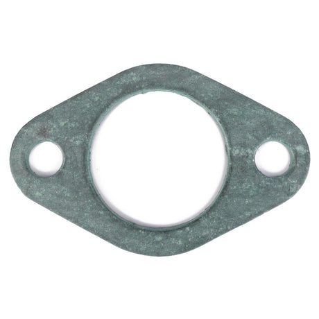 The AGCO Seal, Hose Gasket (F119200210830) is an oval-shaped metal gasket featuring a central round hole and two smaller holes at each end, essential for genuine seals and reliable maintenance.