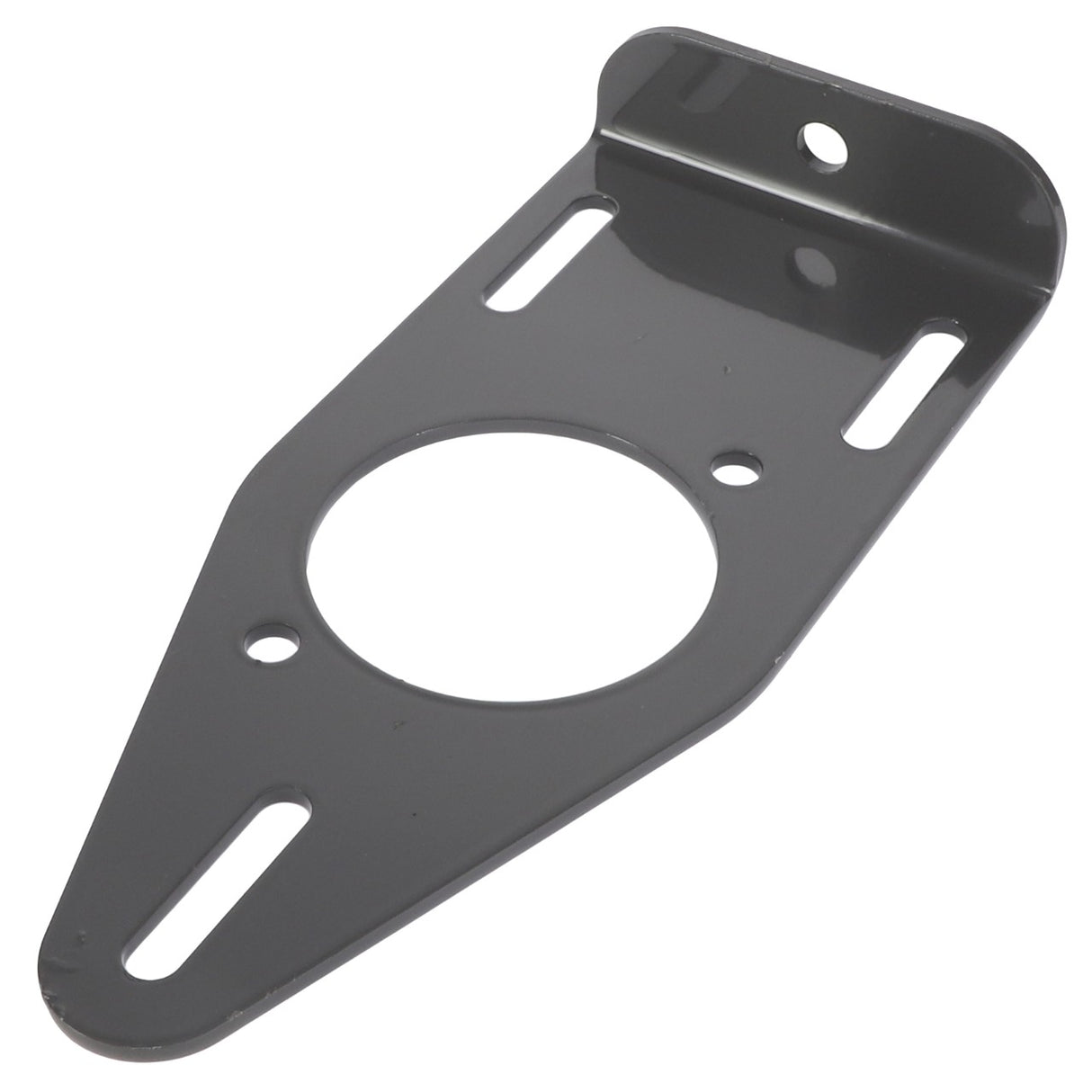 The AGCO | Pump Support Plate - Acx2757760 by AGCO features a metal mounting bracket with three elongated slots, one circular hole, and a smaller round hole.