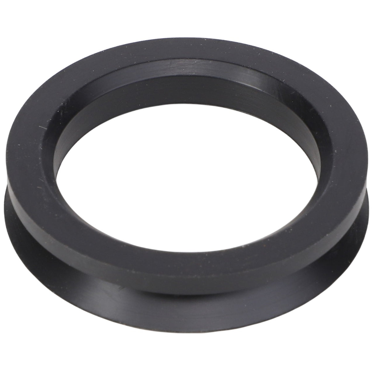The AGCO | V-Seal - Acp0143030 by AGCO is a sleek black plastic ring with a flat base and a beveled edge, elegantly viewed from above.