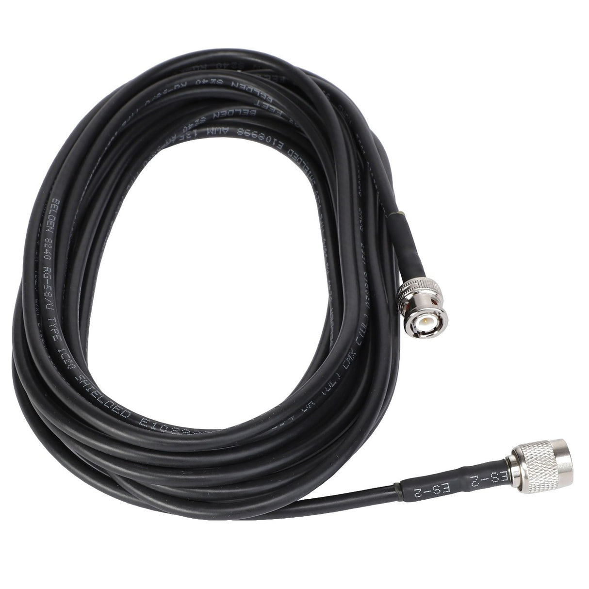 The AGCO Cable - AG427256 is a coiled coaxial cable with male connectors on both ends, featuring black insulation and labeled markings along its length. No current product description information is available.