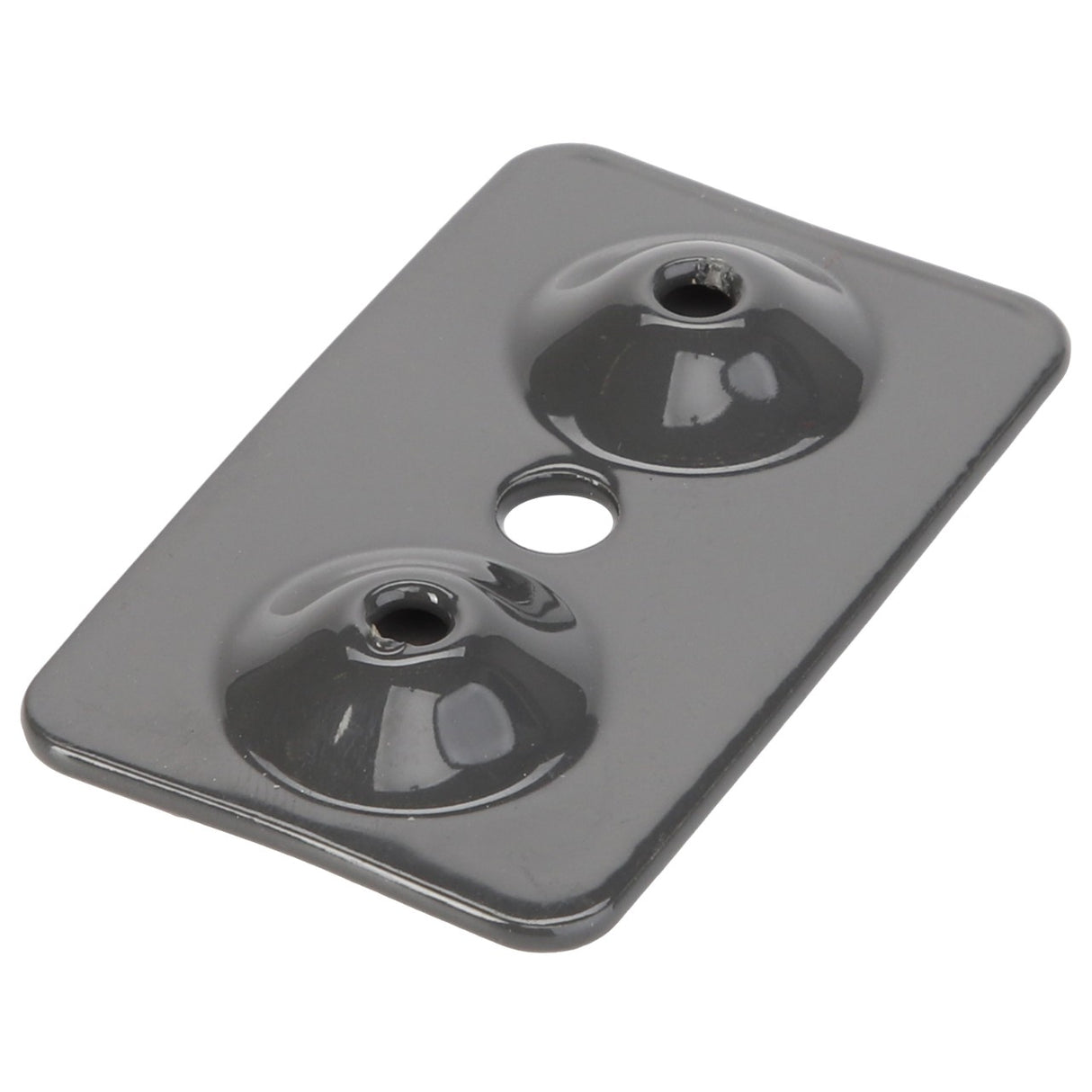A rectangular grey metal plate named AGCO Bracket - Acx235011A by the brand AGCO, with two raised circular indentations each featuring a central hole, plus an additional hole in the middle.