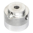 The AGCO | COUPLER - AG716993 is a cylindrical silver metal component with a knurled texture, featuring a central hole and two side holes for secure fastening.