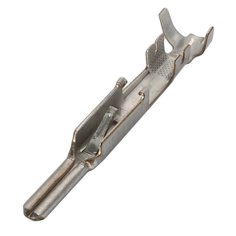 Close-up of the AGCO Electrical Connector Pin Terminal - AG519289, featuring an advanced crimping design that highlights its intricate detail and structure for secure electrical connections.