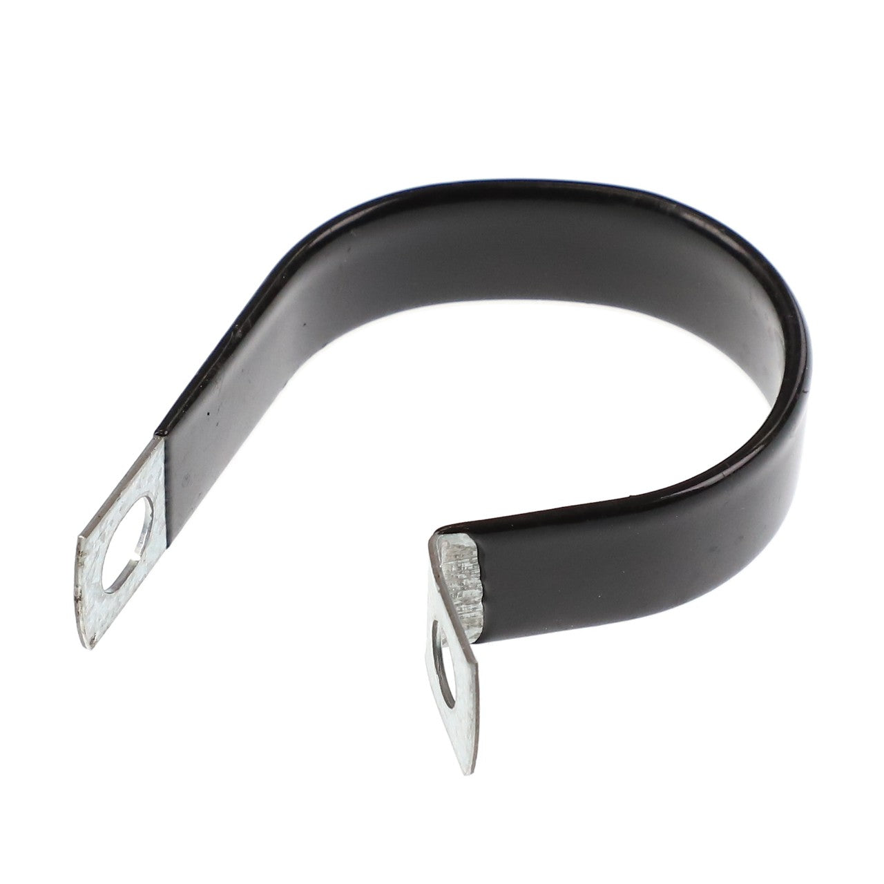 The AGCO HOSE CLAMP - AG561793 is a metal P-clip featuring a black rubber coating and two mounting holes on each end. No current product description information is available.