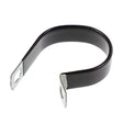 The AGCO HOSE CLAMP - AG561793 is a metal P-clip featuring a black rubber coating and two mounting holes on each end. No current product description information is available.