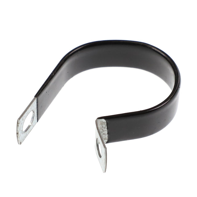 The AGCO HOSE CLAMP - AG561793 is a metal P-clip featuring a black rubber coating and two mounting holes on each end. No current product description information is available.