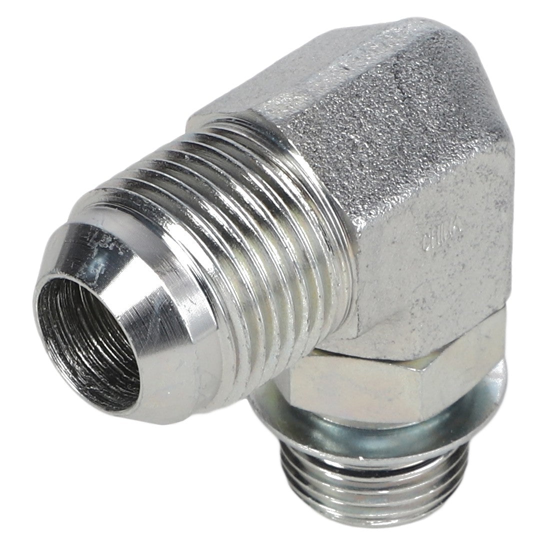 Introducing the AGCO | ELBOW FITTING - AG551589, a metal hydraulic fitting with a 90° elbow, featuring one male JIC threaded end and one female threaded end. This high-quality product is brought to you by the reliable brand AGCO.