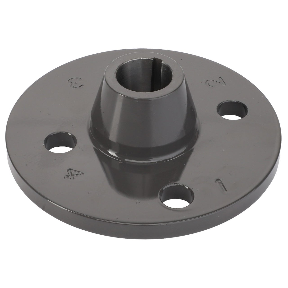 The AGCO Flange - Acx3000550 is a metal flange featuring a central cylindrical hole and four precisely numbered bolt holes positioned around the perimeter.