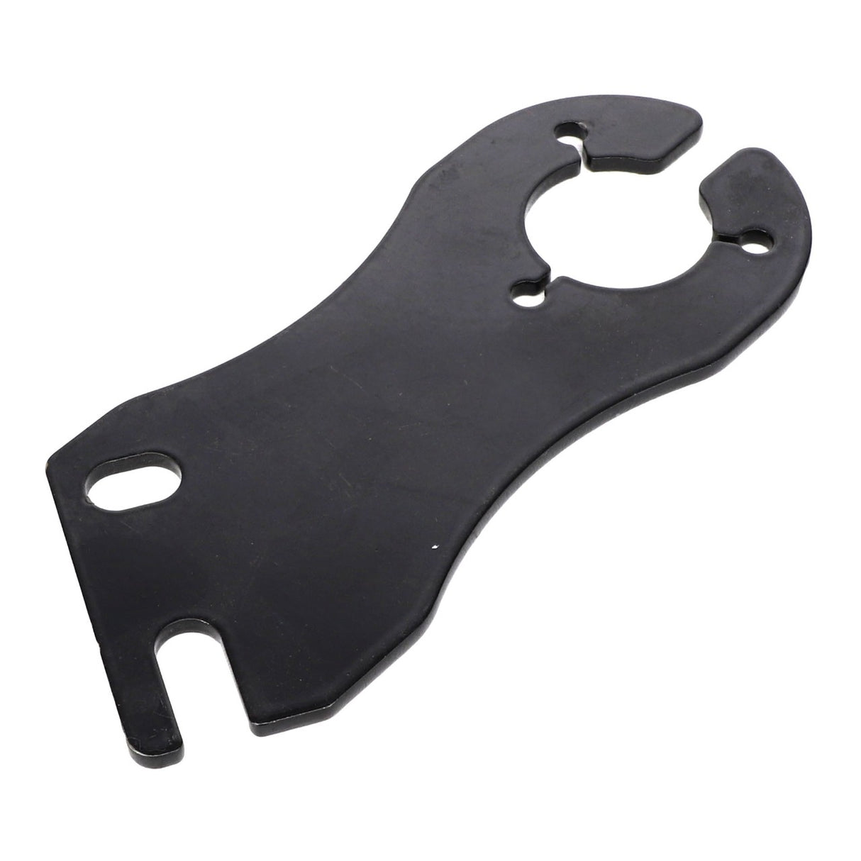 Description: The AGCO | SUPPORT - AL5201142, branded by AGCO, is a black metal wrench featuring a unique design with a closed circular opening and an additional open notch. Additional product description information is currently unavailable.