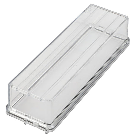 Introducing the AGCO | COVER - 0.010.2754.0, a transparent, rectangular plastic storage container with a lid, featuring grooved lines on the top surface. For ordering or product questions, please contact our support team.
